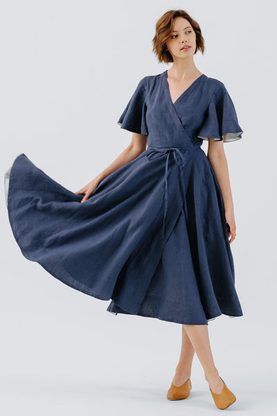 Wrap Dress, Butterfly Sleeve, Moonlight Blue#color_moonlight-blue