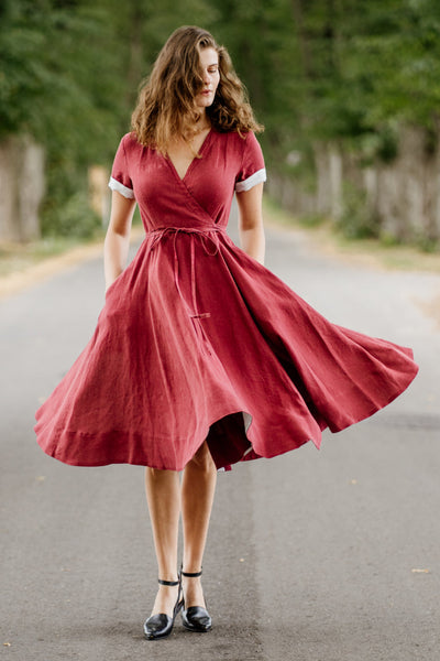 Wrap Dress, Short Sleeve, Marsala Red#color_marsala-red