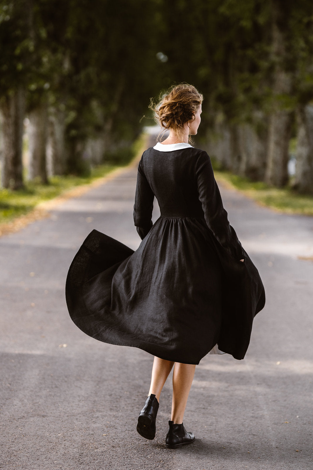 Classic Dress with Embroidered Meadow Peter Pan Collar, Long Sleeve#color_black-pansy