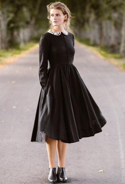 Classic Dress with Embroidered Garden Collar, Long Sleeve, Black Pansy#color_black-pansy