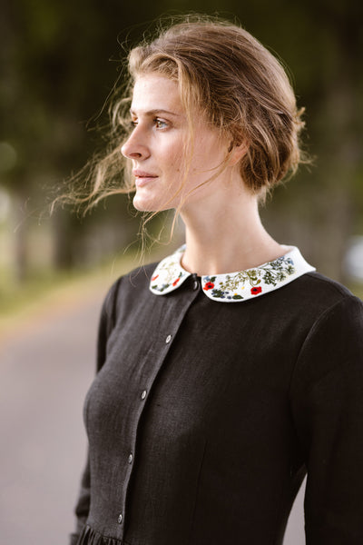 Classic Dress with Embroidered Garden Collar, Long Sleeve, Black Pansy#color_black-pansy