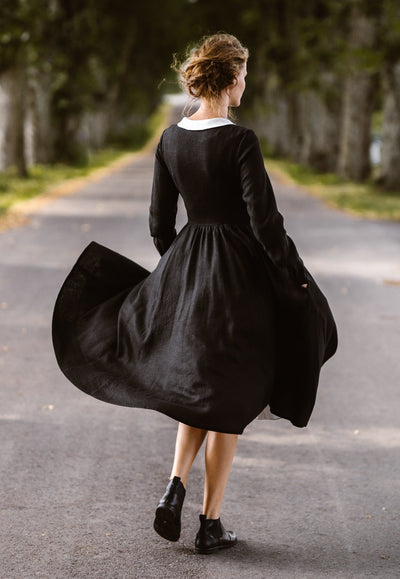 Classic Dress with Embroidered Garden Collar, Long Sleeve, Black Pansy#color_black-pansy